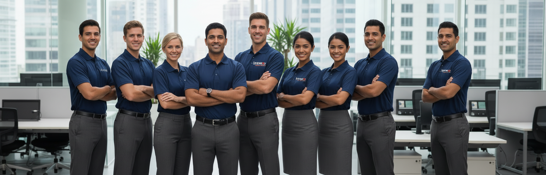 Corporate team in branded workwear uniforms