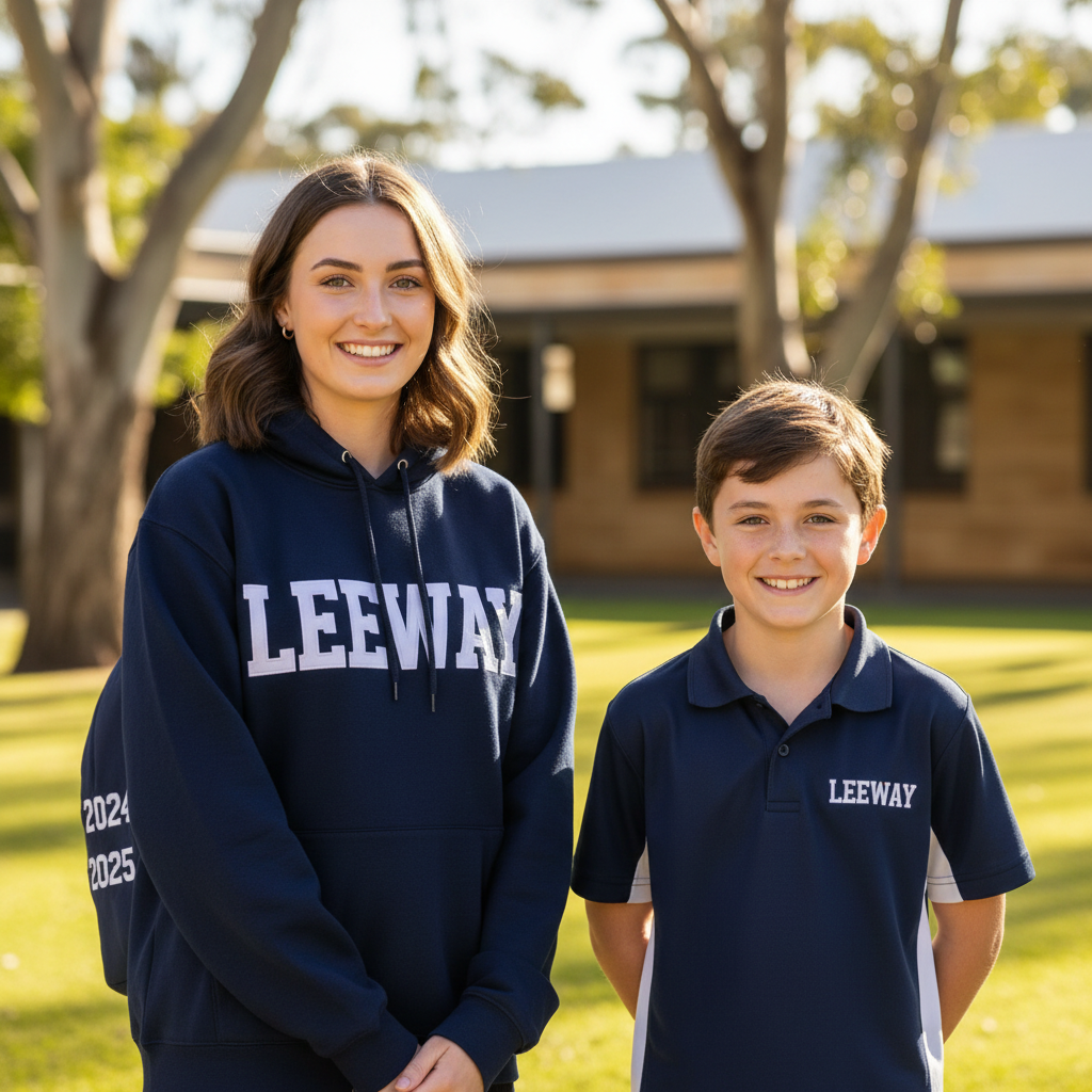 Year 12 student in leavers jumper and Year 6 student in leavers polo with Leeway logo